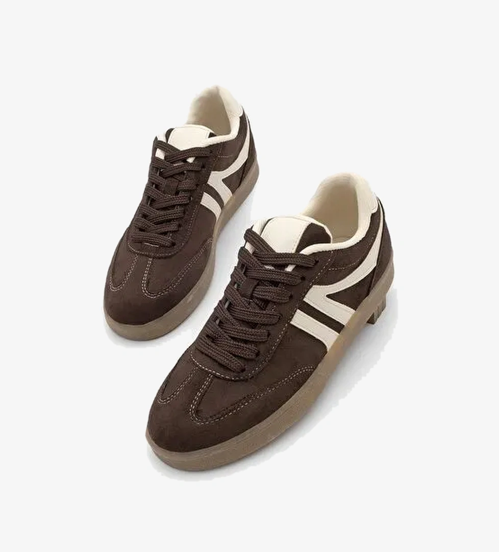 Kadın Sneaker Bağcıklı Düz Taban Spor Ayakkabı Tiyone Kahve Süet - Görsel 1