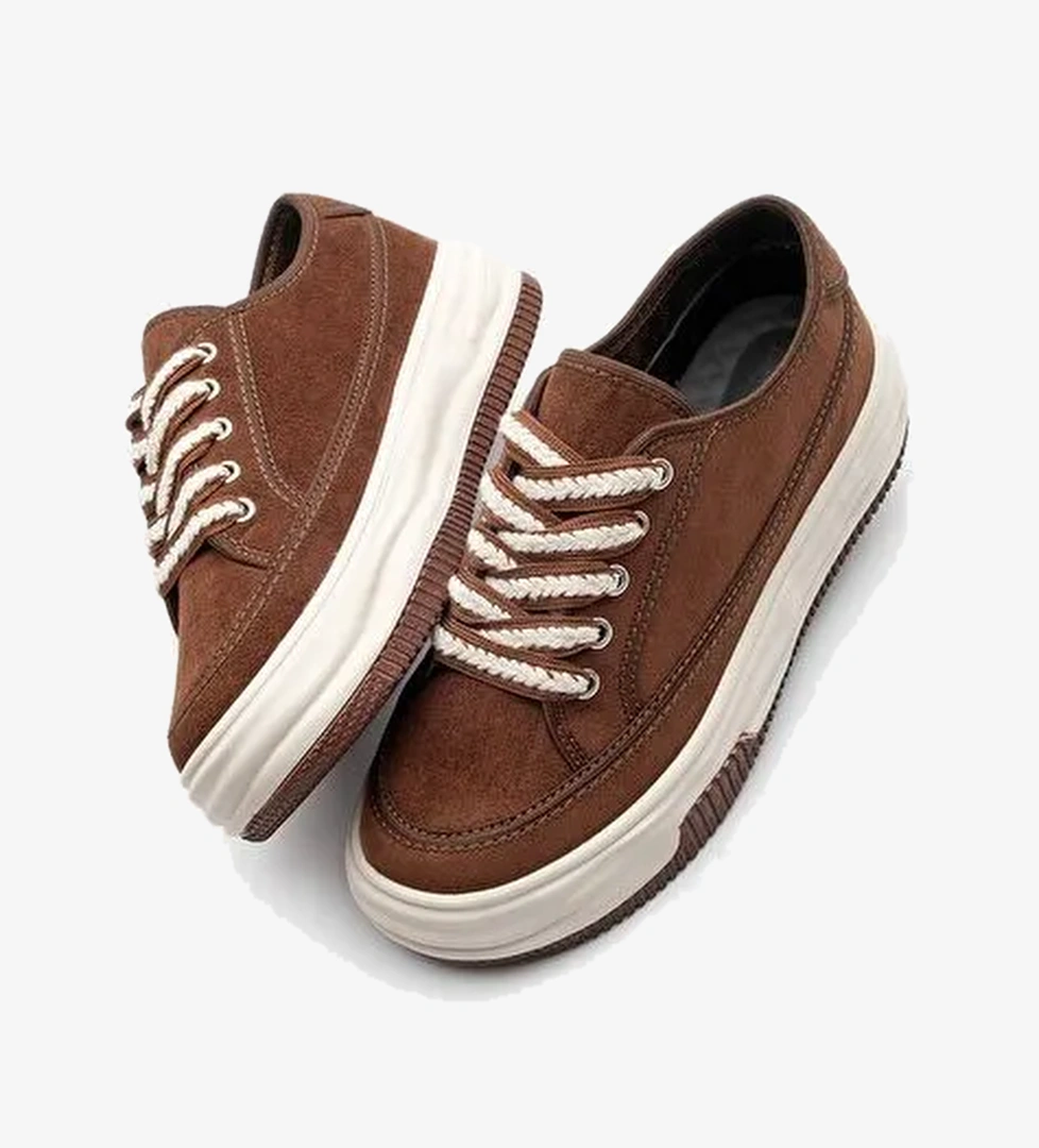 Kadın Sneaker Yüksek Taban Bağcıklı Bez Spor Ayakkabı Kotnel Kahve Süet - Görsel 1