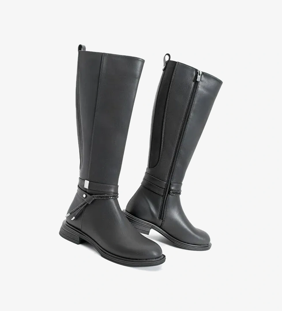 Kadın Taşlı Tokalı Lastikli Günlük Çizme Nayet Siyah - Görsel 1