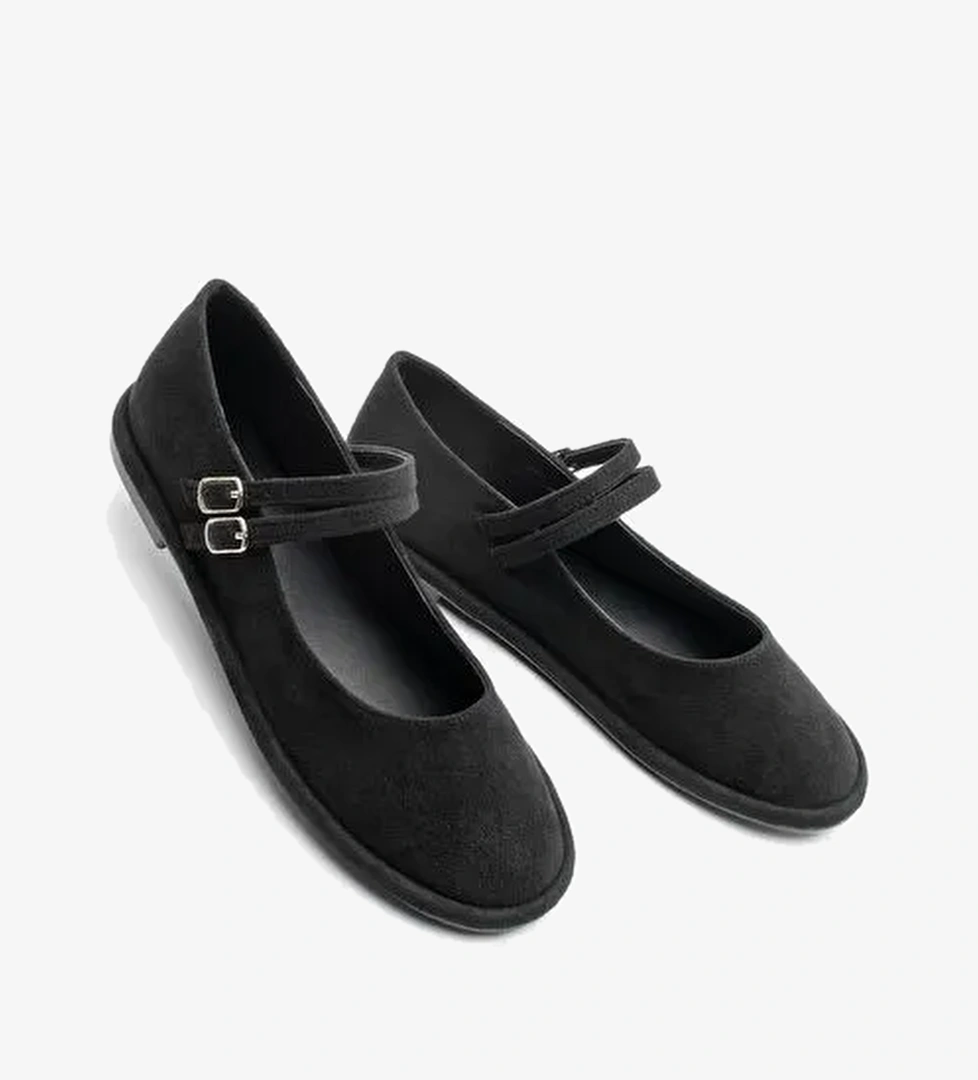 Kadın Çift Bantlı Tokalı Süet Babet Benus Siyah Süet - Görsel 1