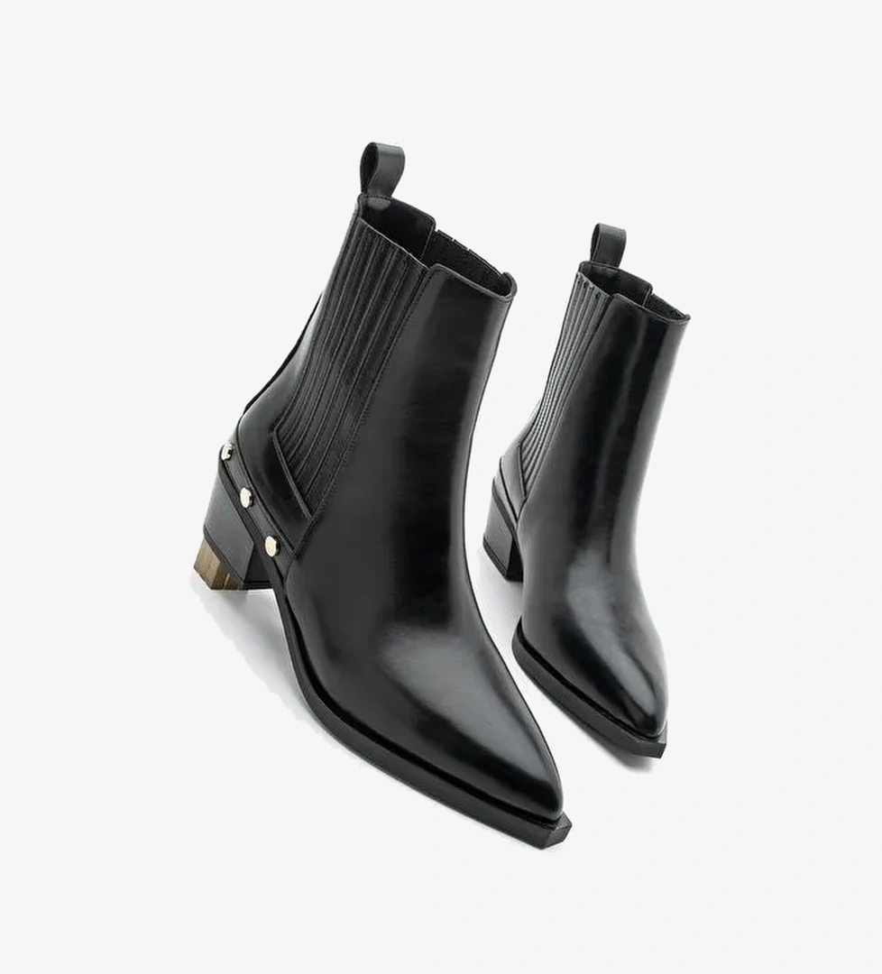 Kadın Sivri Burun Chelsea Çift Lastikli Kovboy Troklu Zımbalı Topuklu Western Bot Alura Siyah - Görsel 1