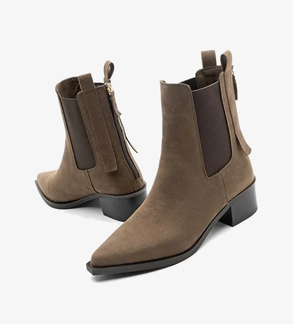 Kadın Sivri Burun Arkadan Fermuarlı Kovboy Çift Lastikli Western Bot Mirona Kahve Süet - Görsel 1