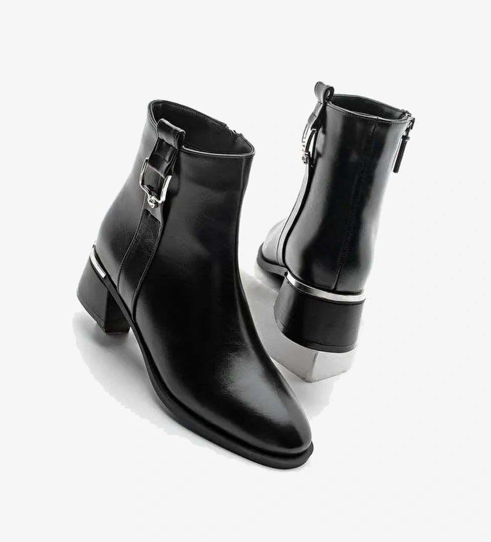 Kadın Kalın Topuk Tokalı Metal Ökçe Topuklu Bot Dimon Siyah - Görsel 1
