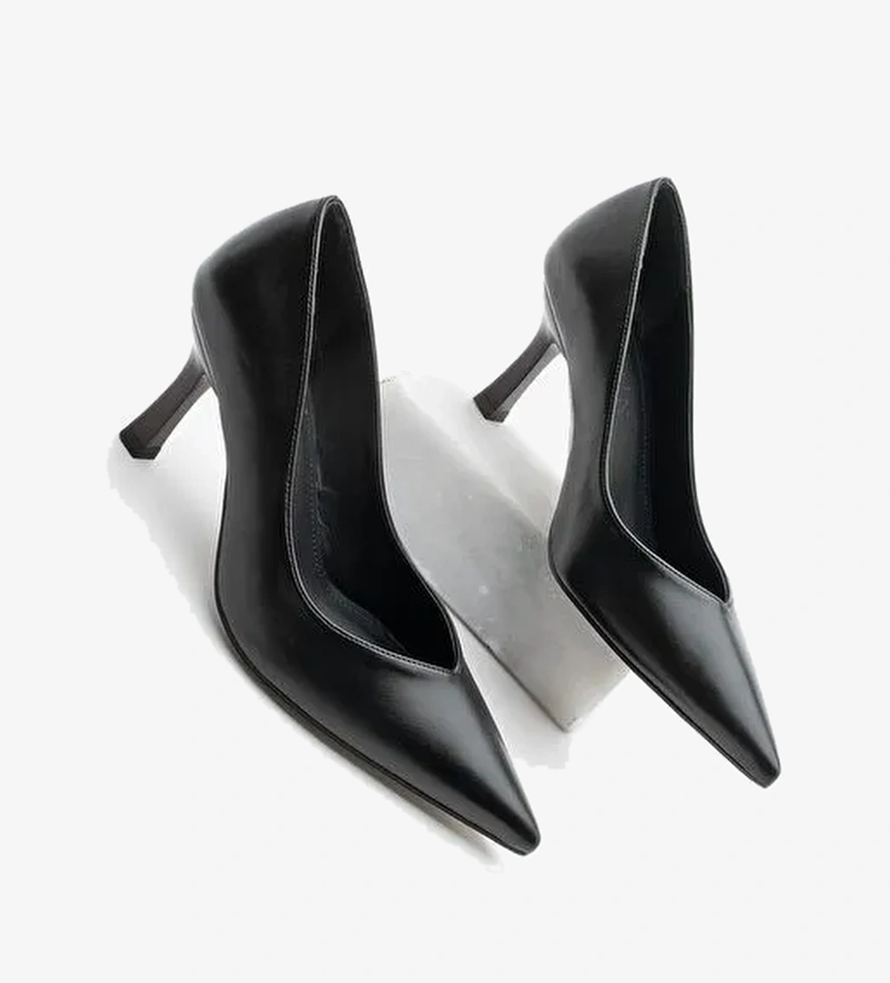 Kadın Stiletto Sivri Burun Ahşap Desen Ökçe Topuklu Ayakkabı Arset Siyah - Görsel 1