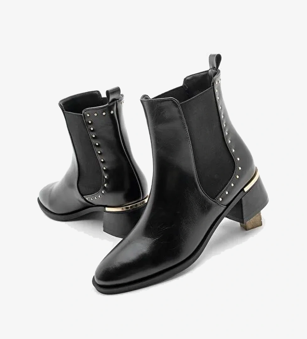 Kadın Zımba Detay Altın Ökçe Lastikli Topuklu Bot Ernaz Siyah - Görsel 1