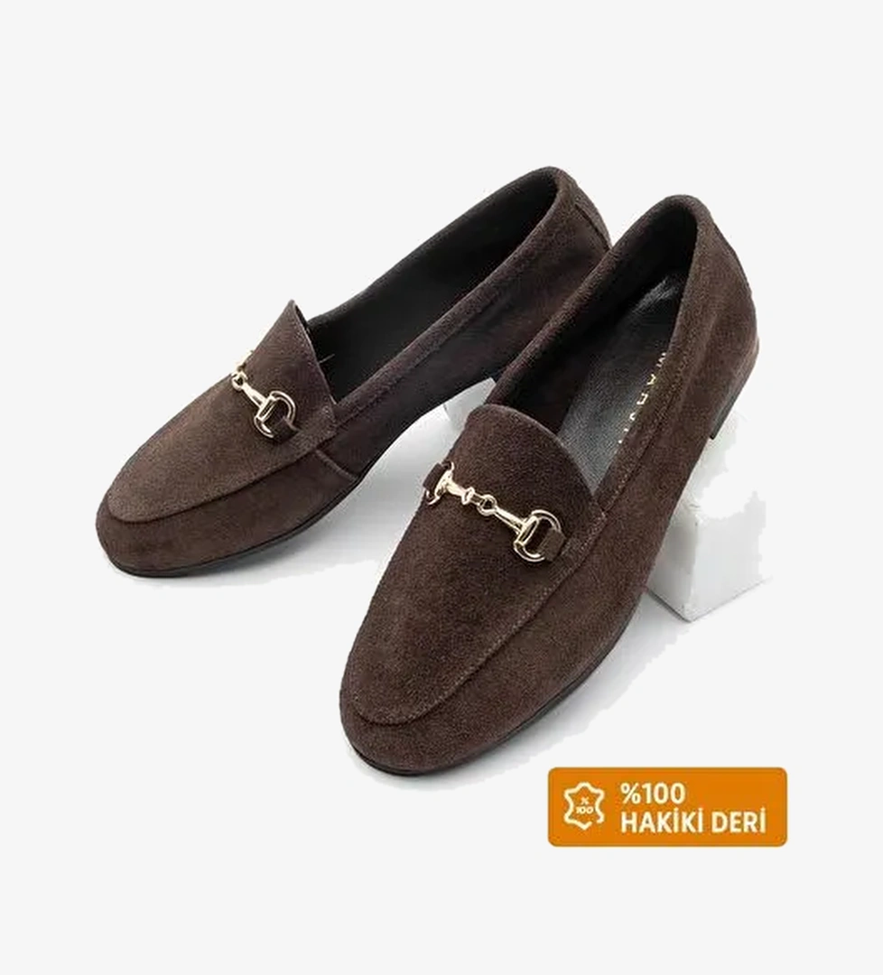 Kadın Hakiki Deri Zincirli Loafer Günlük Ayakkabı Tanle Kahve Süet