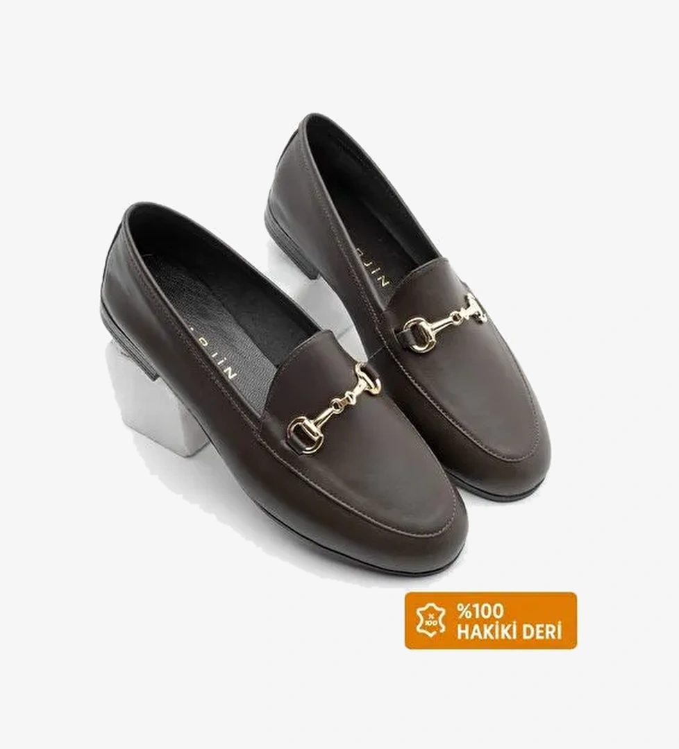 Kadın Hakiki Deri Zincirli Loafer Günlük Ayakkabı Tanle Kahve - Görsel 1