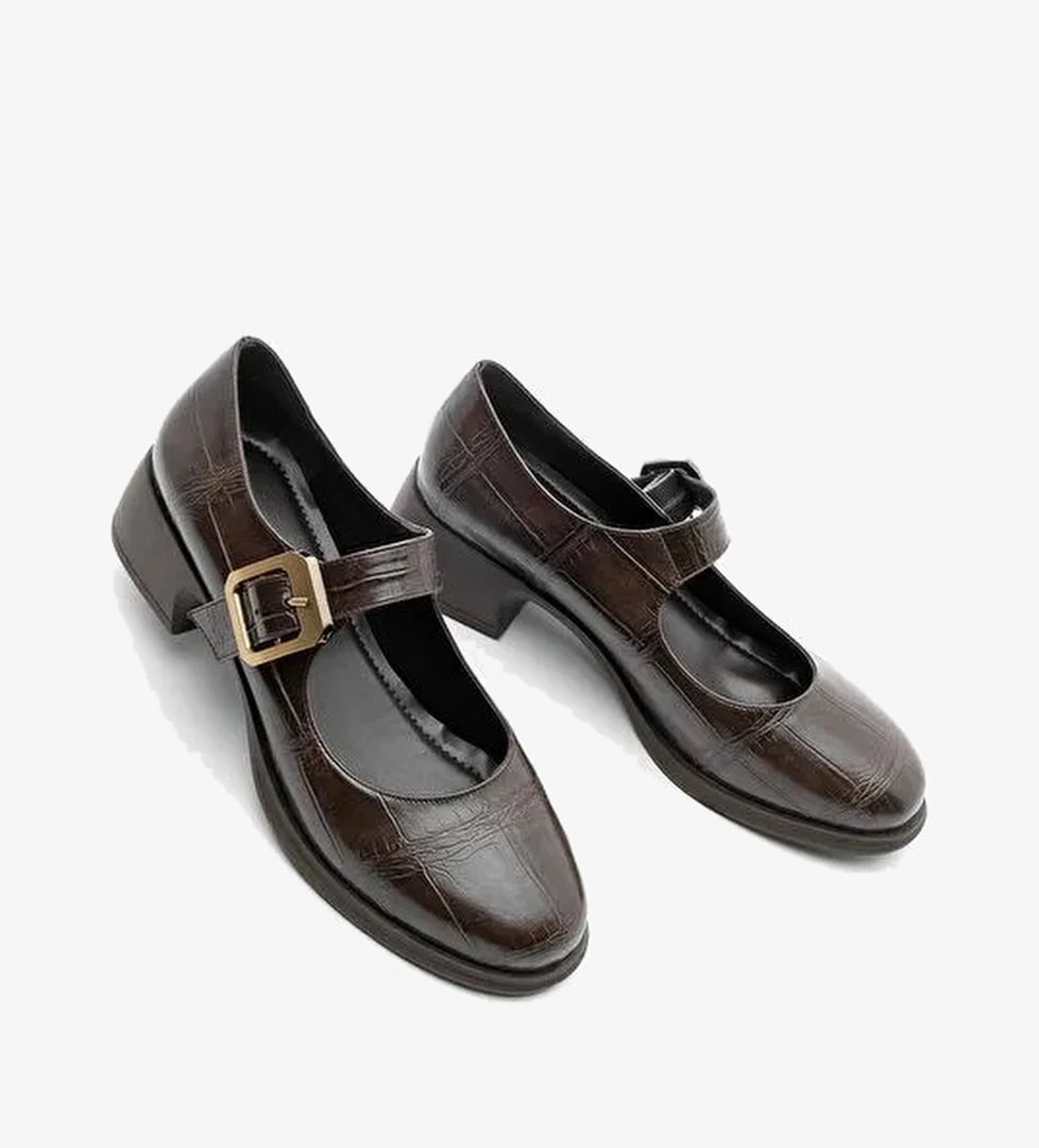 Kadın Tokalı Loafer Günlük Topuklu Ayakkabı Meniz Kahve Croco - Görsel 1