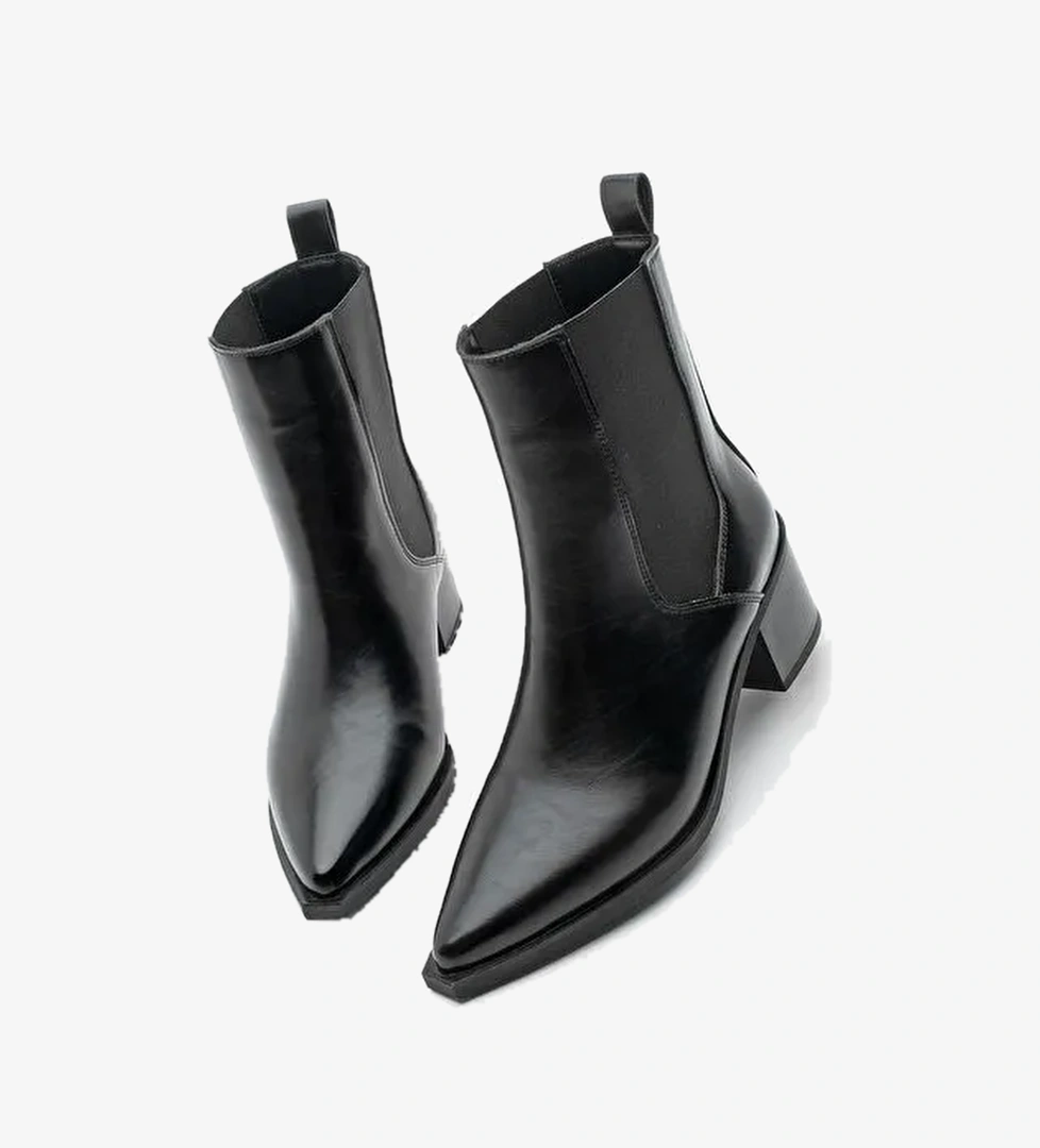 Kadın Sivri Burun Kalın Topuklu Çift Lastikli Topuklu Bot Ropes Siyah - Görsel 1