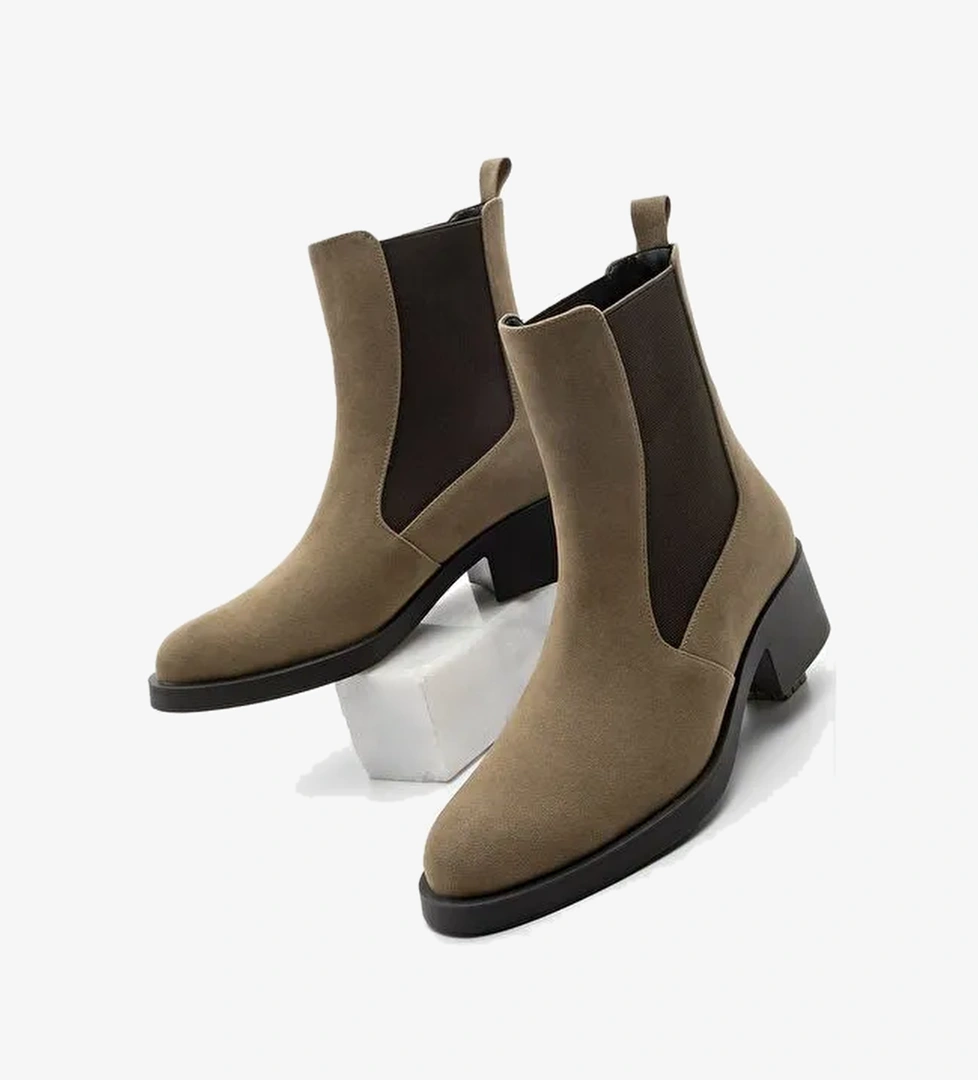 Kadın Elastik Yan Bantlı Topuklu Günlük Bot Espato Vizon Süet - Görsel 1