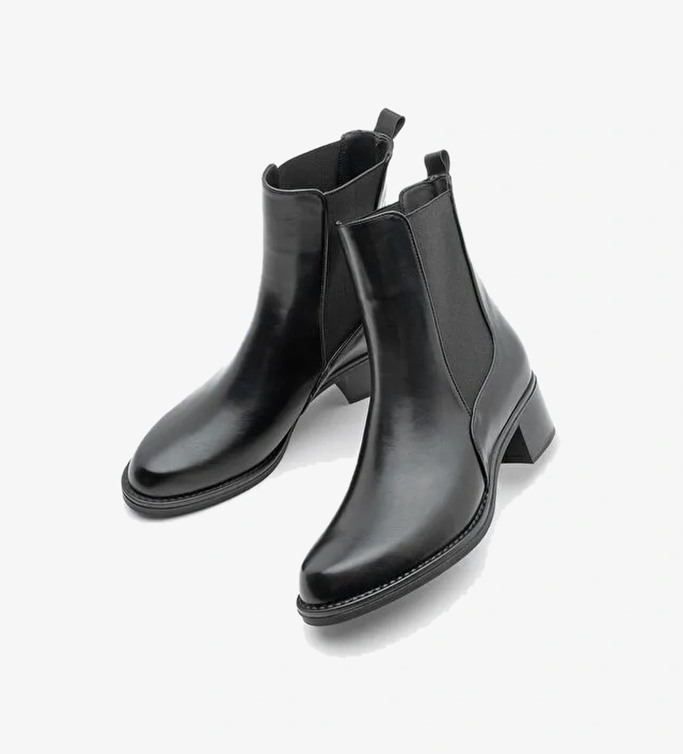 Kadın Kalın Topuklu Elastik Yan Bantlı Topuklu Bot Elove Siyah - Görsel 1