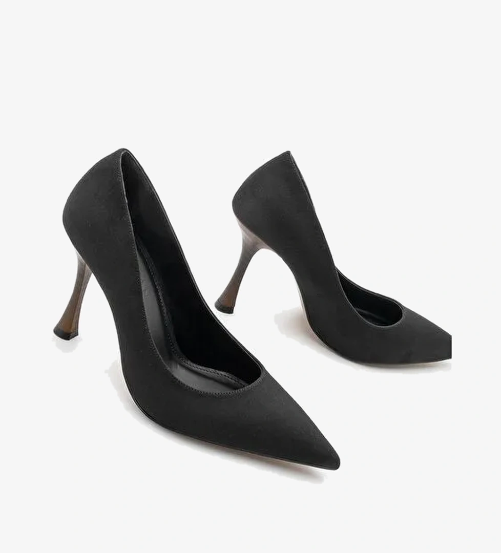 Kadın Stiletto Sivri Burun Ahşap Ökçe Desenli Topuklu Ayakkabı Oplin Siyah Süet - Görsel 1