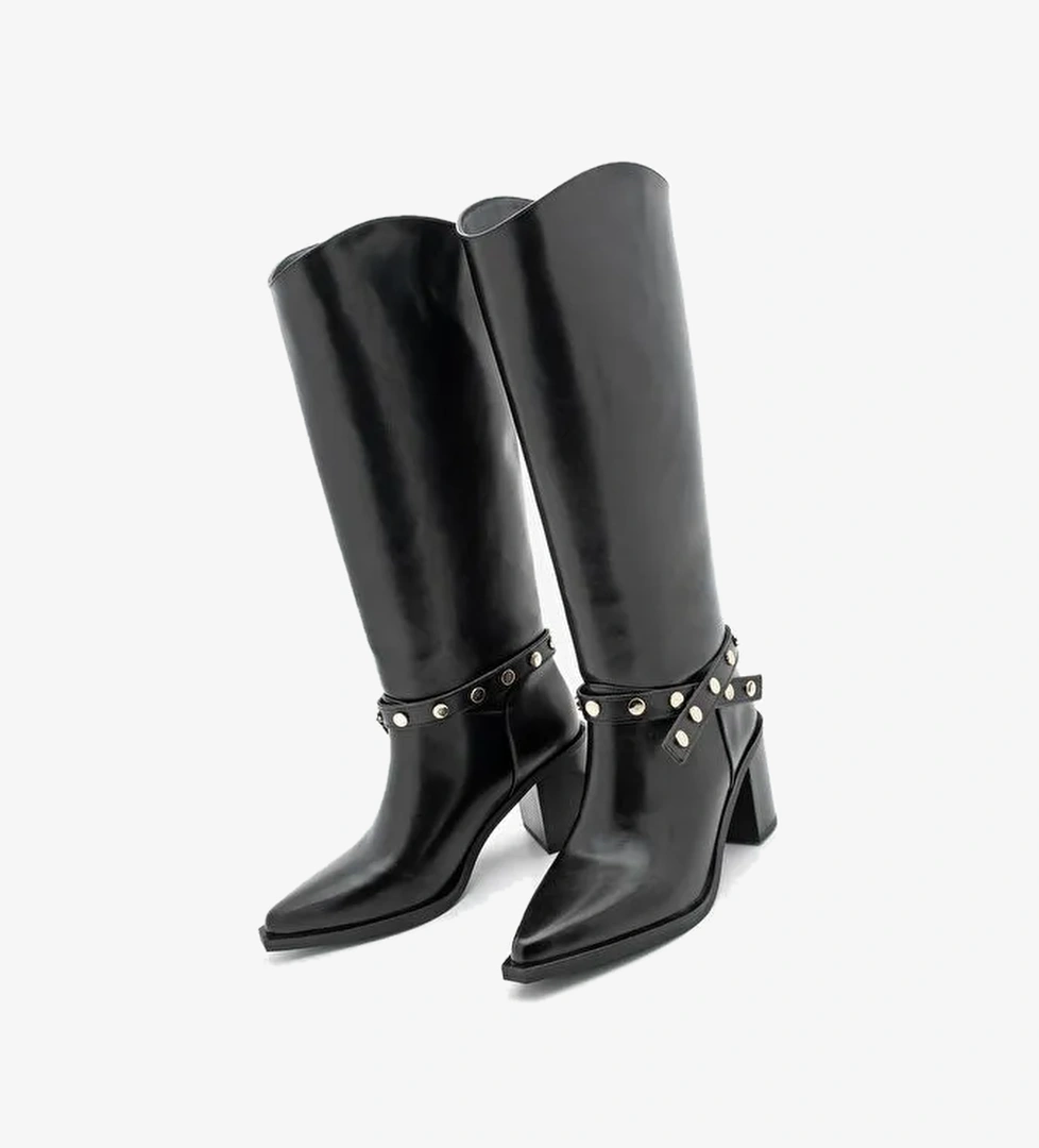 Kadın Sivri Burun Fermuarsız Çıkarılabilen Tokalı Troklu Zımbalı Topuklu Çizme Fuslep Siyah - Görsel 1