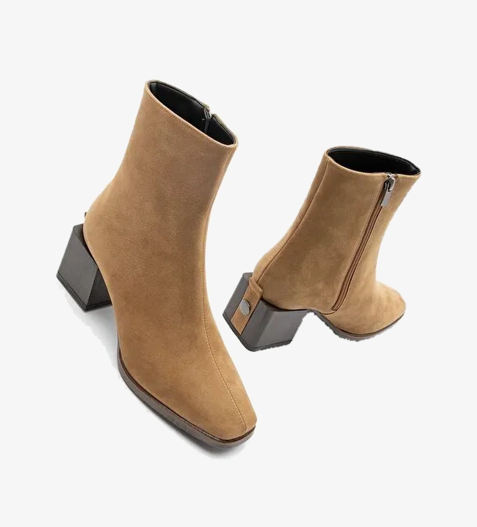 Kadın Topuklu Bot&Bootie Küt Burun Ahşap Desen Ökçe Fermuarlı Günlük Klasik Bot Noyes Taba Süet - Görsel 1