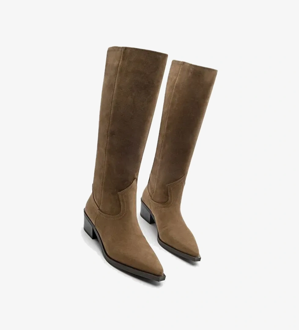 Kadın Sivri Burun Kovboy Fermuarsız Western Çizme Mivez Taba Süet - Görsel 1