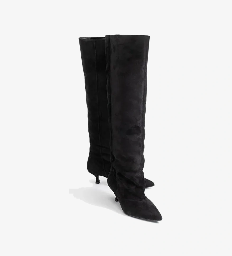 ZACH Siyah Süet Diz Üstü Kadın Kısa Topuklu Çizme - Görsel 1