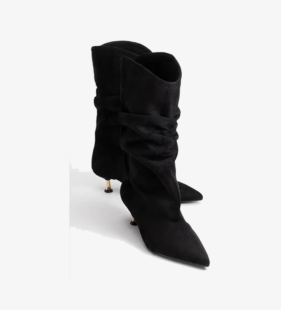 STEIN Siyah Süet Sivri Burunlu Körüklü Kadın Kısa Çizme - Görsel 1