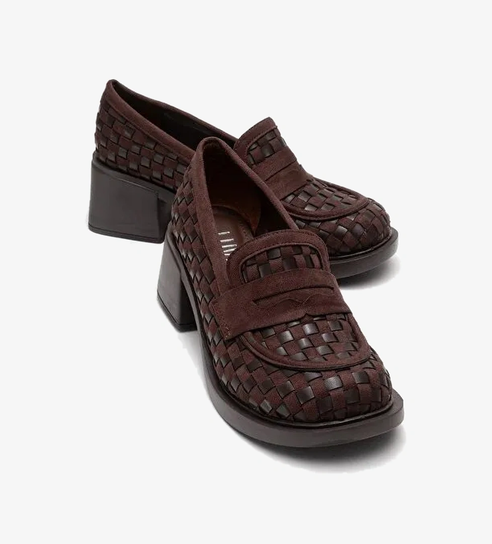 MARLON Kahverengi Örgülü Kadın Kalın Topuklu Loafer Ayakkabı - Görsel 1