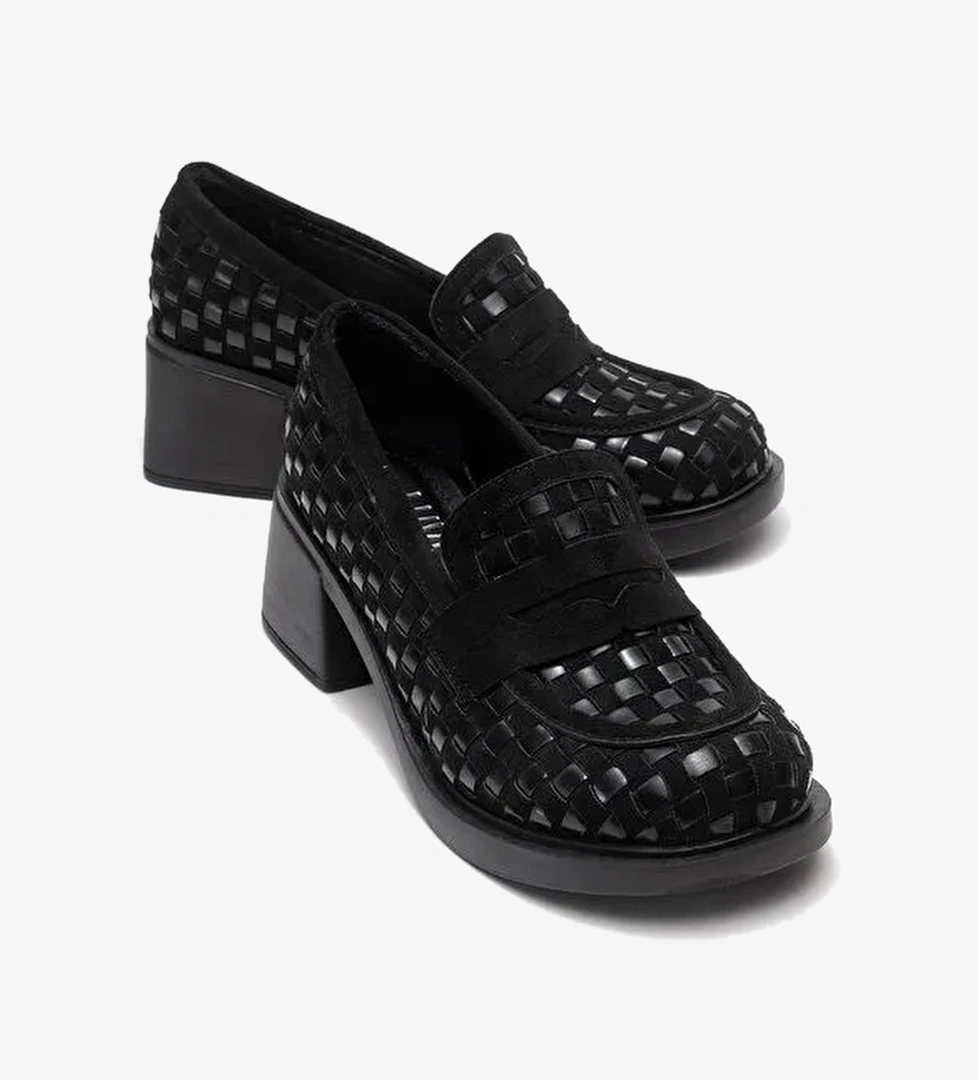 MARLON Siyah Örgülü Kadın Kalın Topuklu Loafer Ayakkabı - Görsel 1