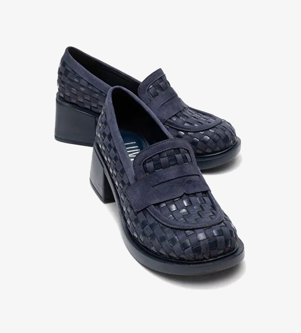 MARLON Lacivert Örgülü Kadın Kalın Topuklu Loafer Ayakkabı - Görsel 1