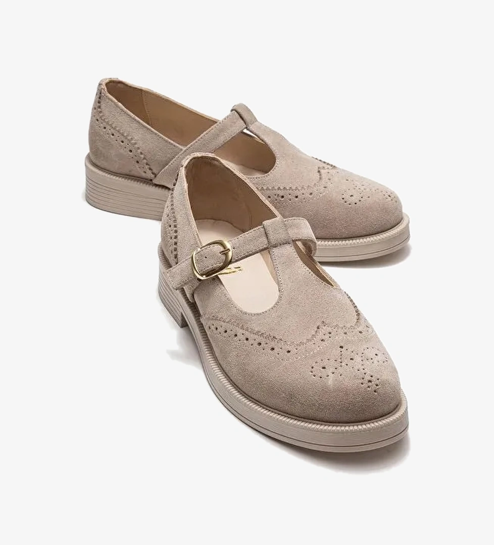 JANNEY Bej Süet Hakiki Deri Bantlı Kadın Loafer Ayakkabı - Görsel 1