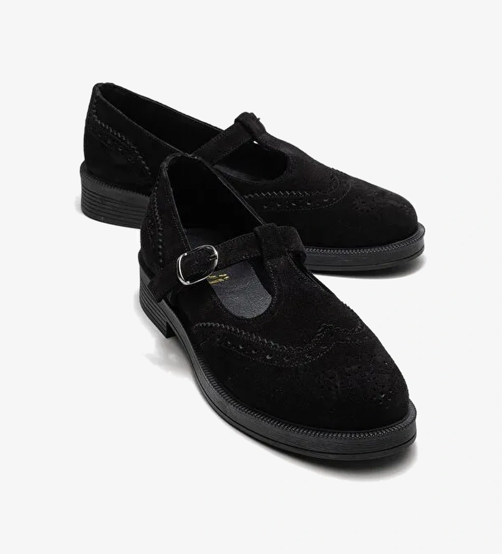 JANNEY Siyah Süet Hakiki Deri Bantlı Kadın Loafer Ayakkabı - Görsel 1