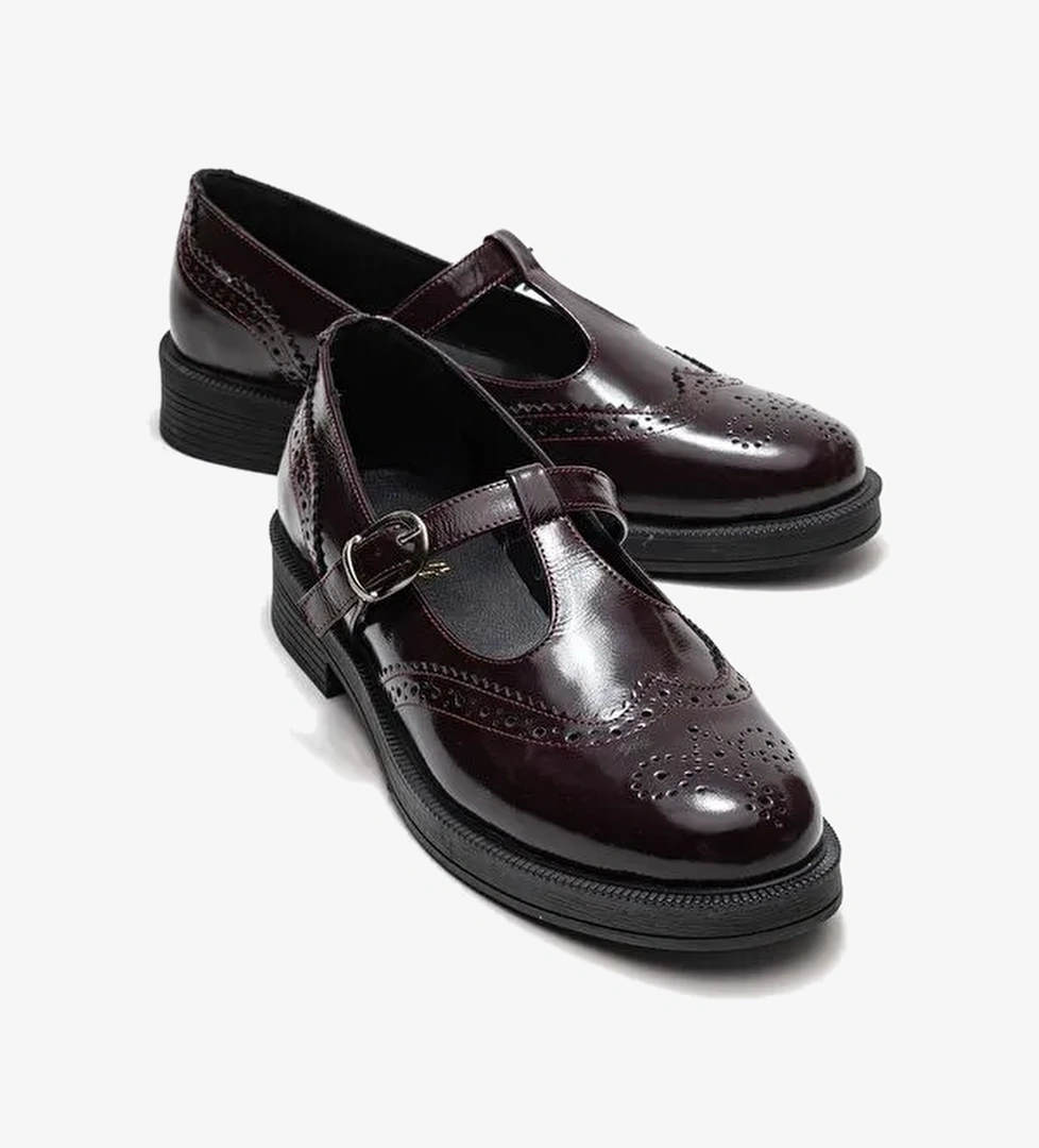JANNEY Bordo Rugan Hakiki Deri Bantlı Kadın Loafer Ayakkabı - Görsel 1