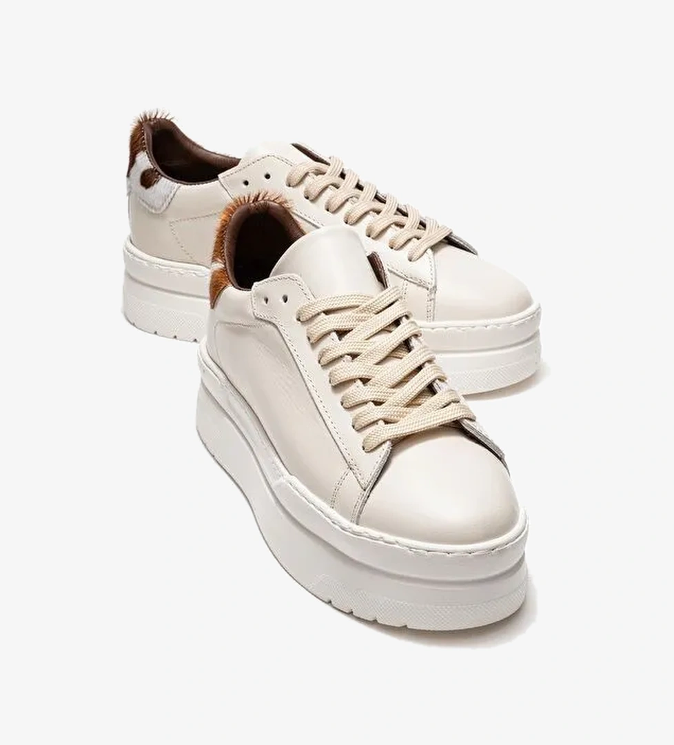 ANABEL Ekru Cilt Hakiki Deri Kadın Günlük Spor Ayakkabı - Görsel 1