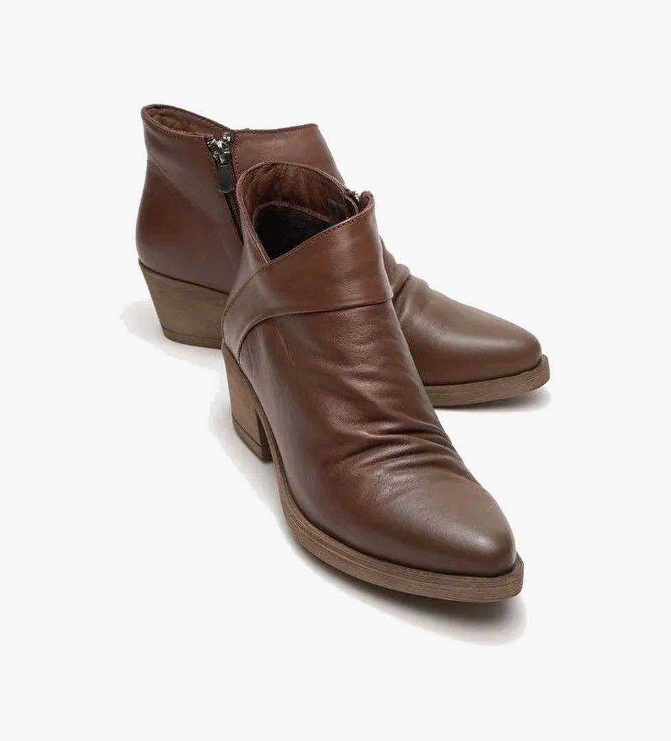 RULE Kahverengi Hakiki Deri Kadın Kalın Topuklu Bot - Görsel 1