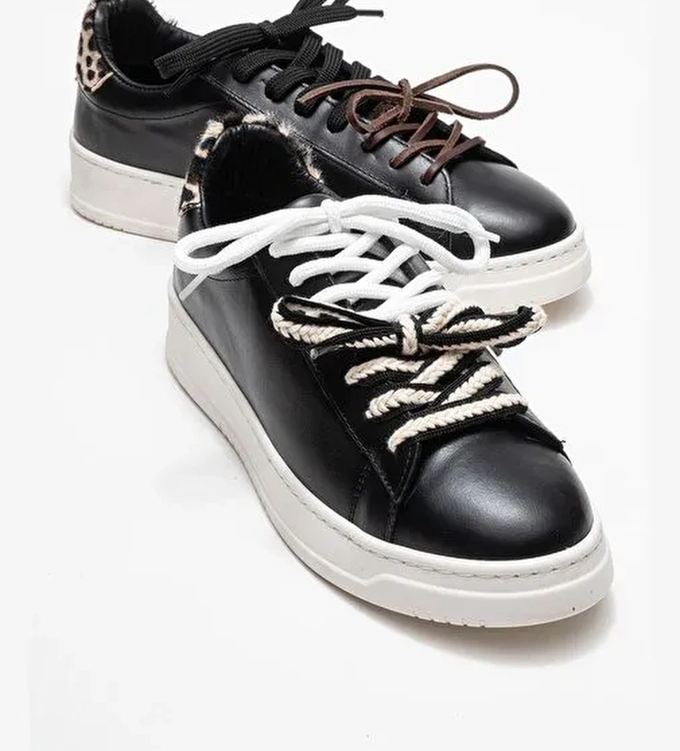 WARRON Siyah Desenli Hakiki Deri Kadın Sneakers - Görsel 1