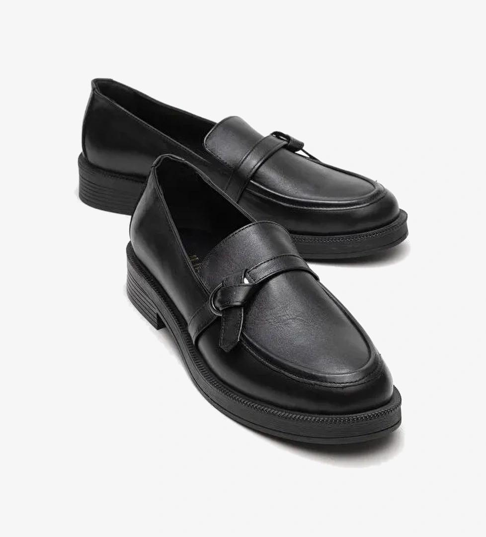 GALEA Siyah Cilt Tokalı Hakiki Deri Kadın Loafer Ayakkabı - Görsel 1