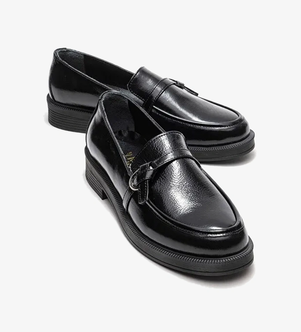 GALEA Siyah Rugan Tokalı Hakiki Deri Kadın Loafer Ayakkabı - Görsel 1