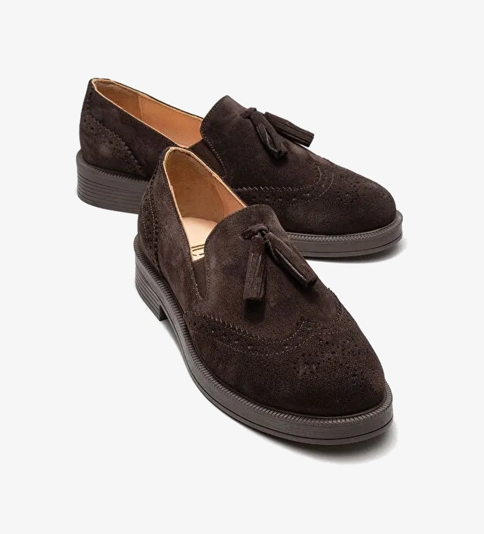 ALEX Kahverengi Süet Hakiki Deri Püsküllü Lastikli Kadın Loafer Ayakkabı - Görsel 1