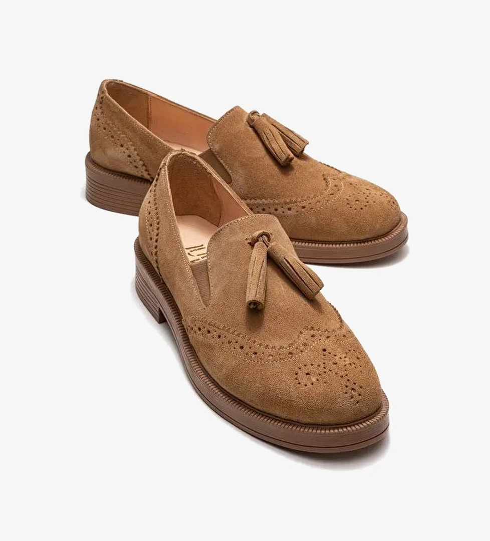ALEX Toprak Süet Hakiki Deri Püsküllü Lastikli Kadın Loafer Ayakkabı - Görsel 1
