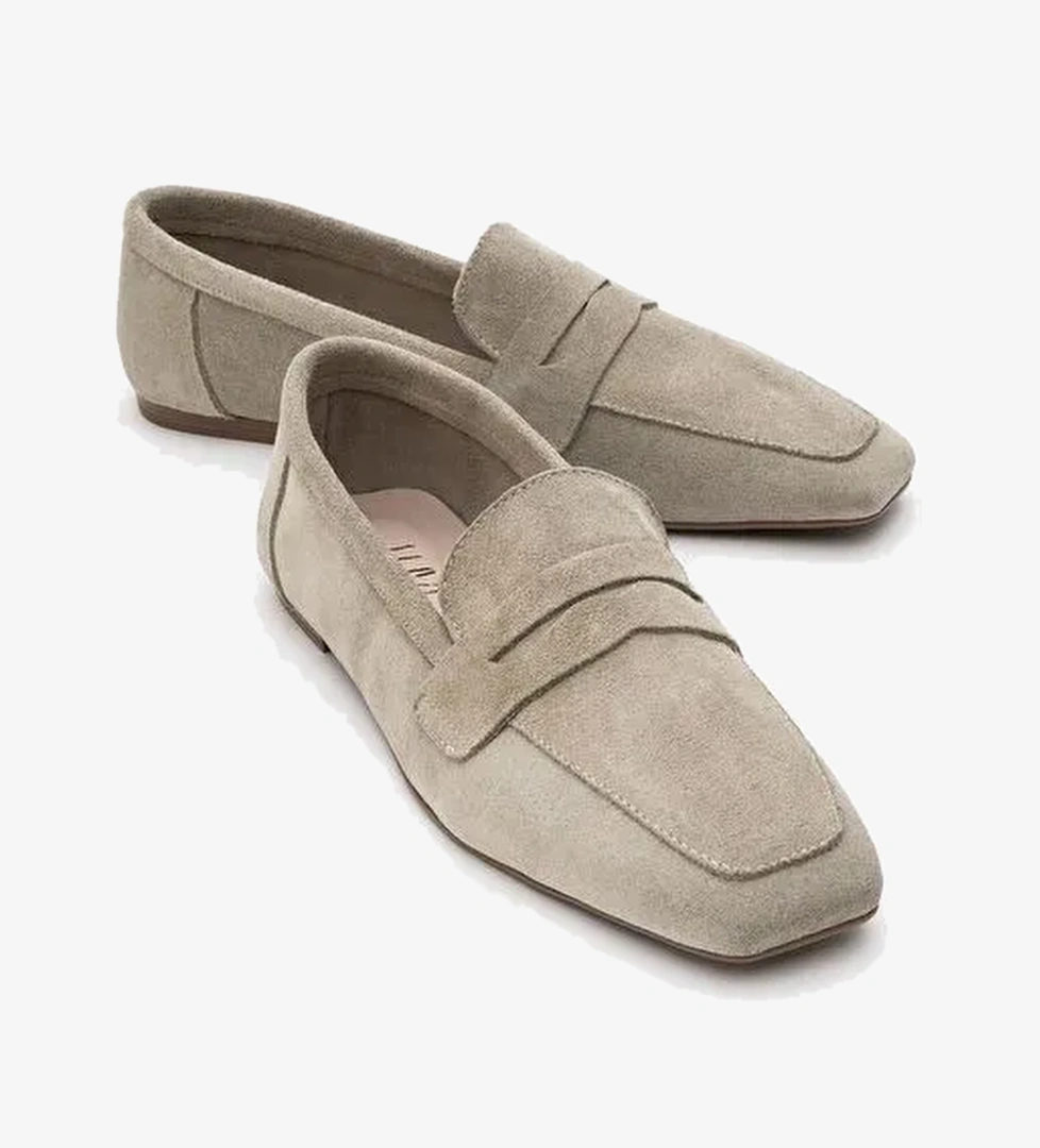 RUBRA Bej Süet Hakiki Deri Kadın Loafer Ayakkabı - Görsel 1