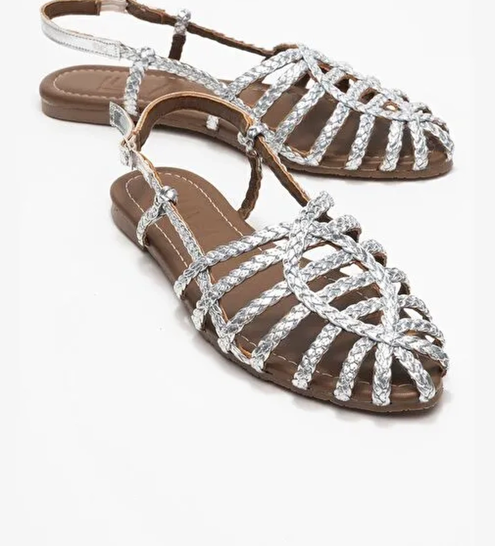 CLAUDIA Gümüş Örgü Kafes Tasarım Kadın Sandalet - Görsel 1