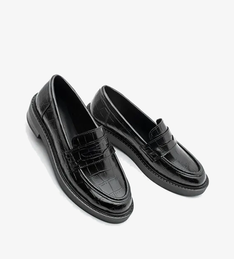 Kadın Loafer Günlük Klasik Ayakkabı Casual Makosen Fonle Siyah Croco - Görsel 1