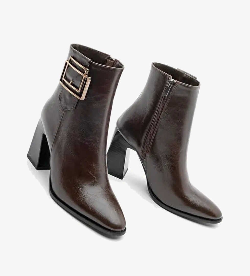 Kadın Kalın Topuklu Tokalı Topuklu Bot Linate Kahve - Görsel 1