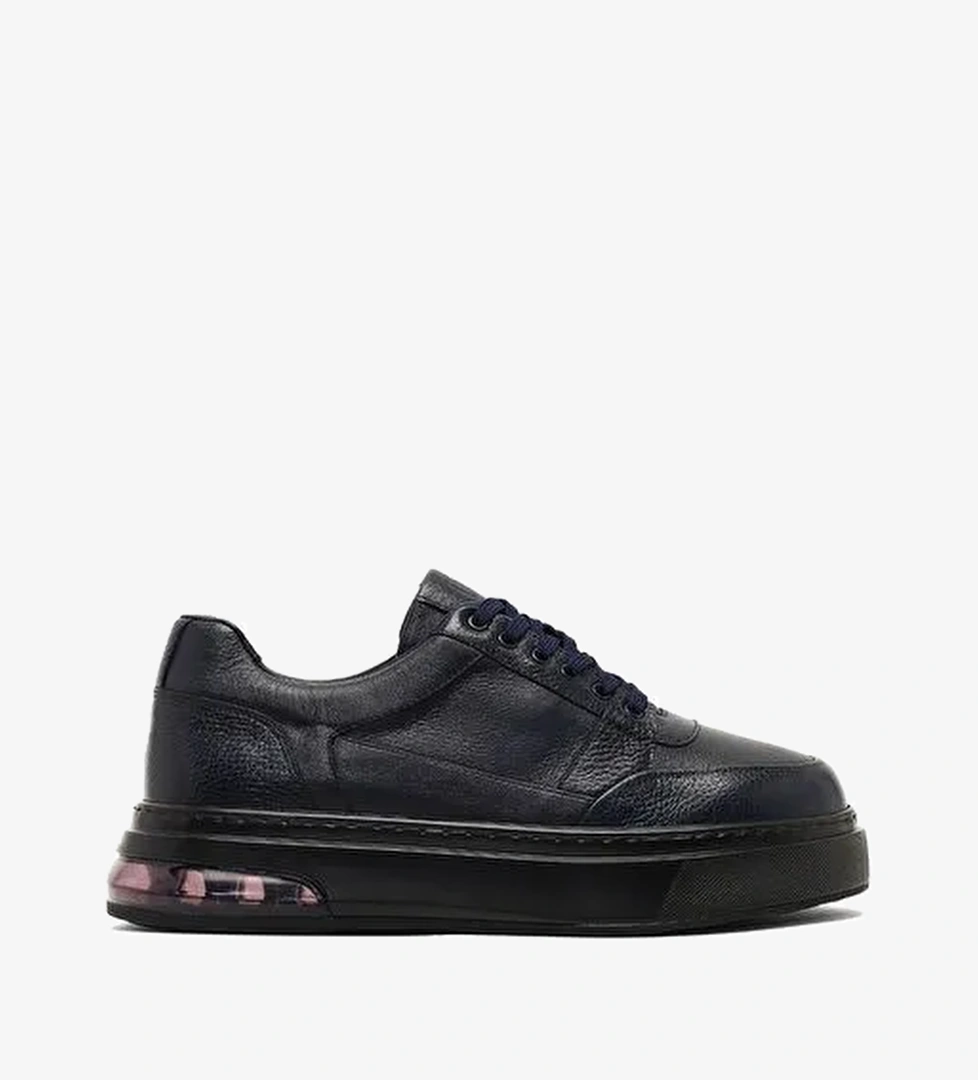 Erkek Lacivert Bağcıklı Kalın Tabanlı Deri Sneaker 25WFD642018 - Görsel 1