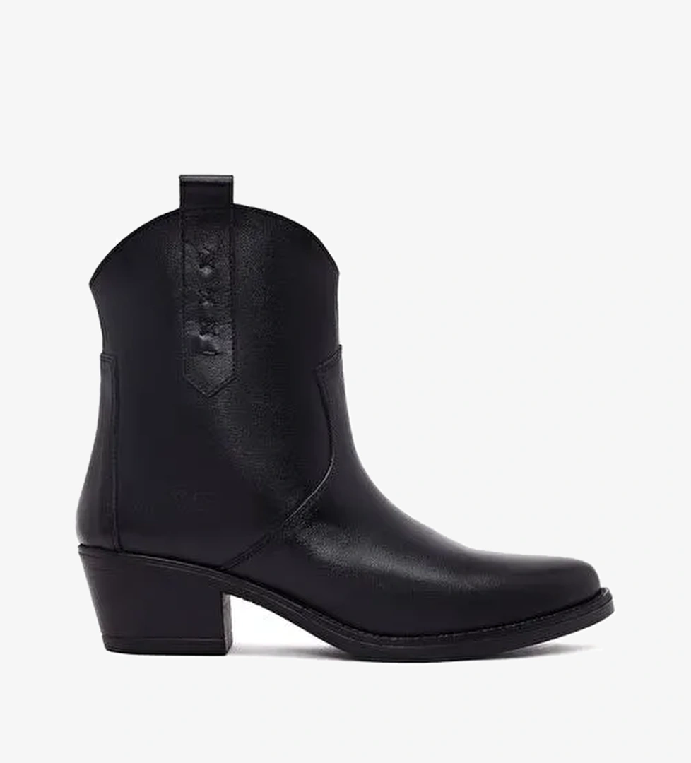 Kadın Siyah Kalın Topuklu Deri Kovboy Bot 25WFD511718 - Görsel 1