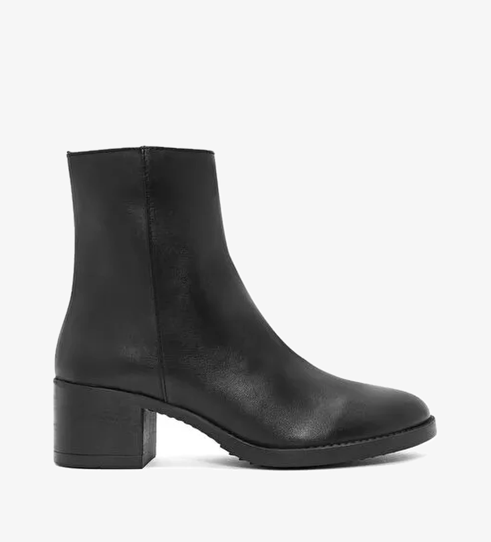 Kadın Siyah Fermuarlı Kısa Kalın Topuklu Deri Bot 25WFD280318 - Görsel 1