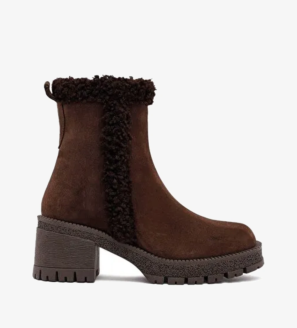 Kadın Kahverengi Fermuarlı Kalın Topuklu Süet Deri Bot 25WFD131810 - Görsel 1