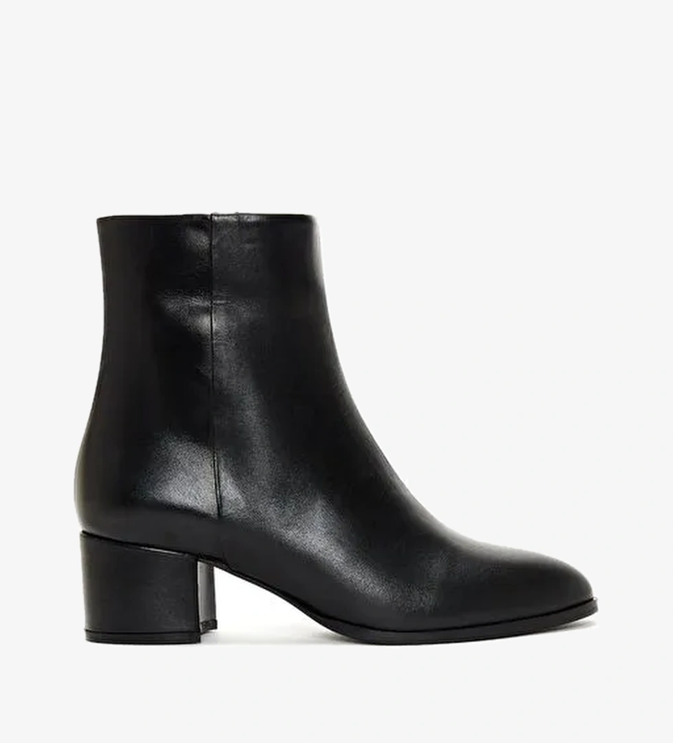 Kadın Siyah Fermuarlı Kısa Kalın Topuklu Deri Bot 25WFD160718 - Görsel 1