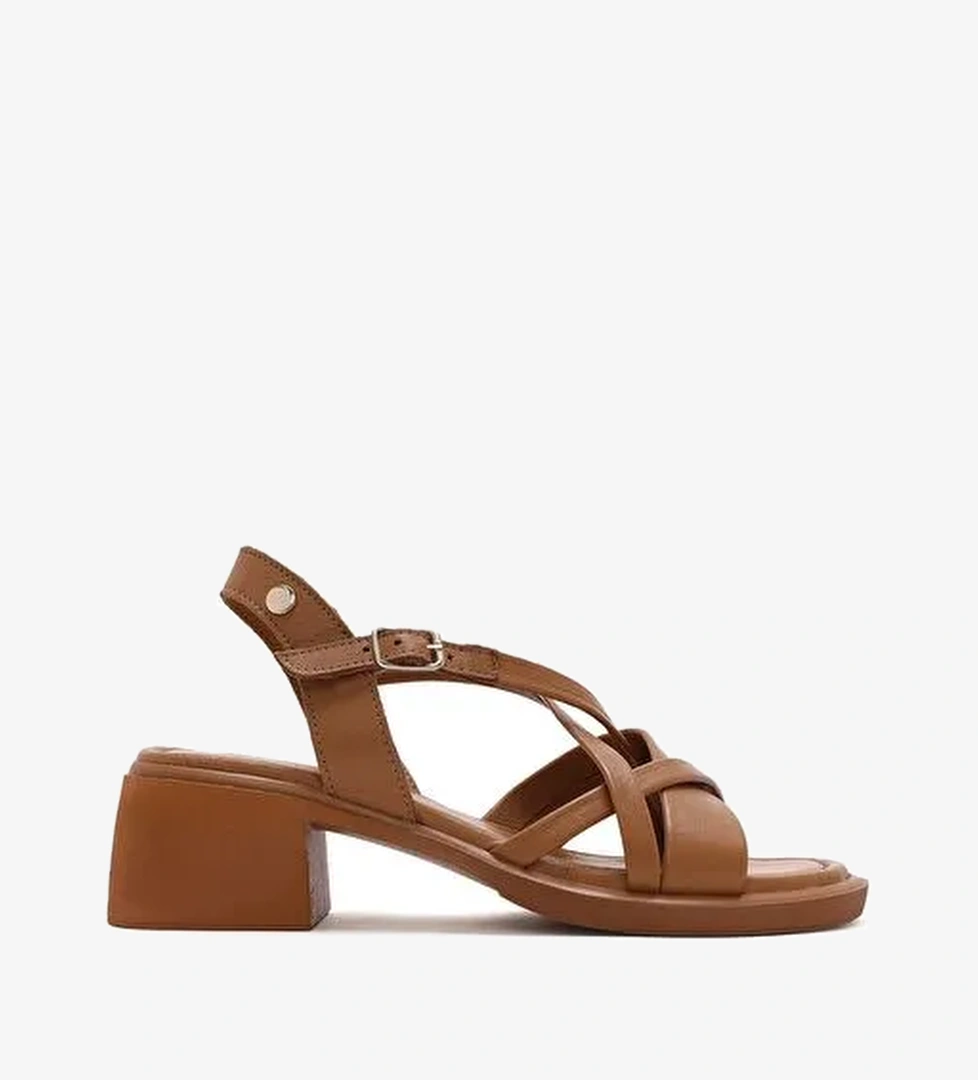 Kadın Taba Bilekten Tokalı Kısa Kalın Topuklu Deri Sandalet 25SFD131018 - Görsel 1