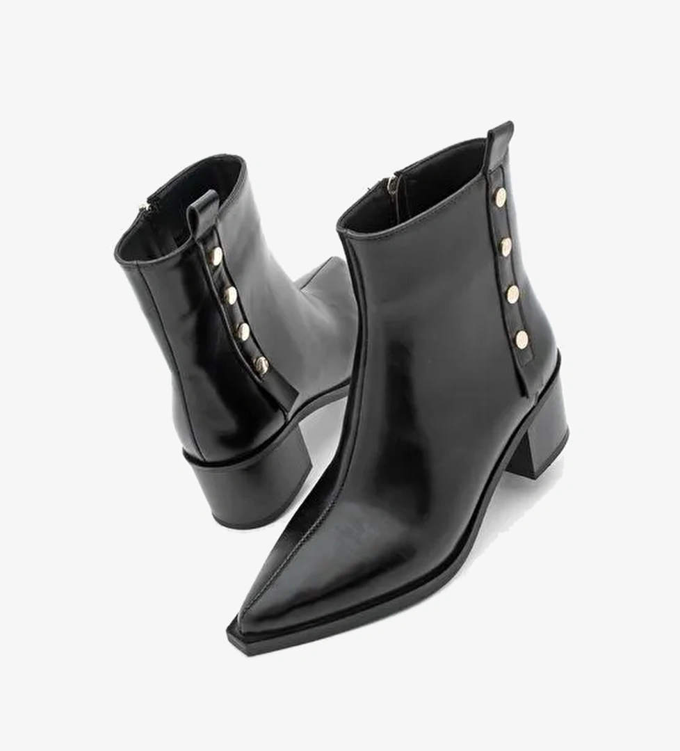 Kadın Sivri Burun Zımba Detaylı Kalın Topuklu Bot Bemoza Siyah - Görsel 1