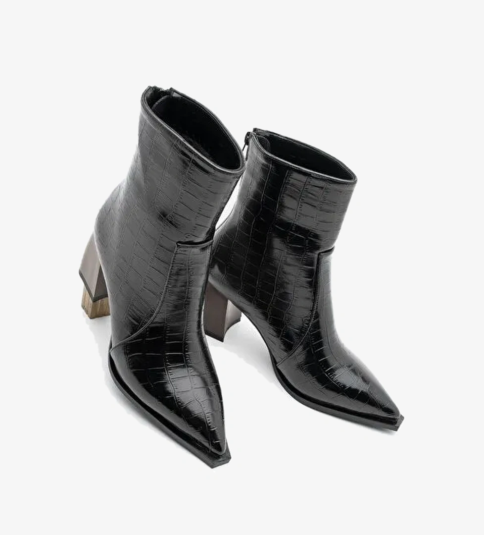 Kadın Sivri Burun Arkadan Fermuarlı Topuklu Bot Erves Siyah Croco - Görsel 1