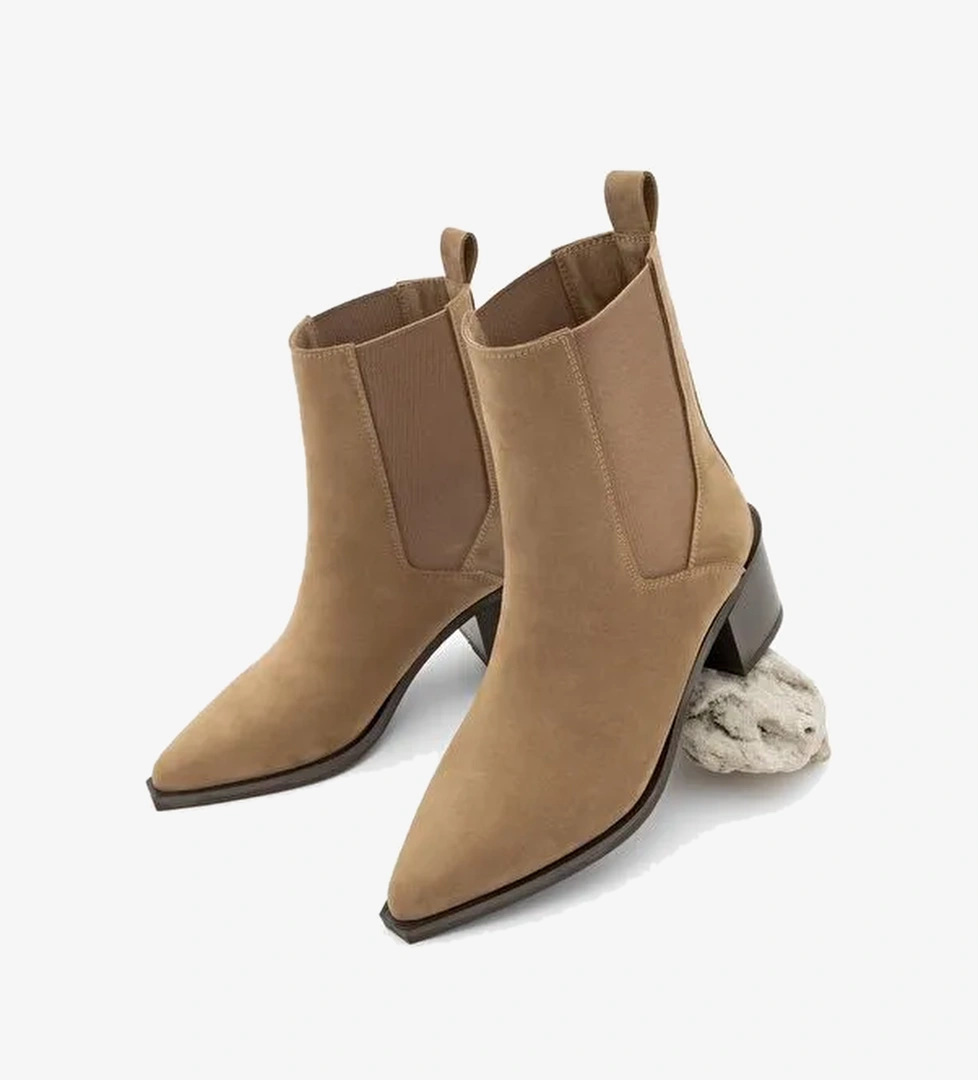 Kadın Sivri Burun Kalın Topuklu Çift Lastikli Topuklu Bot Ropes Taba Süet - Görsel 1