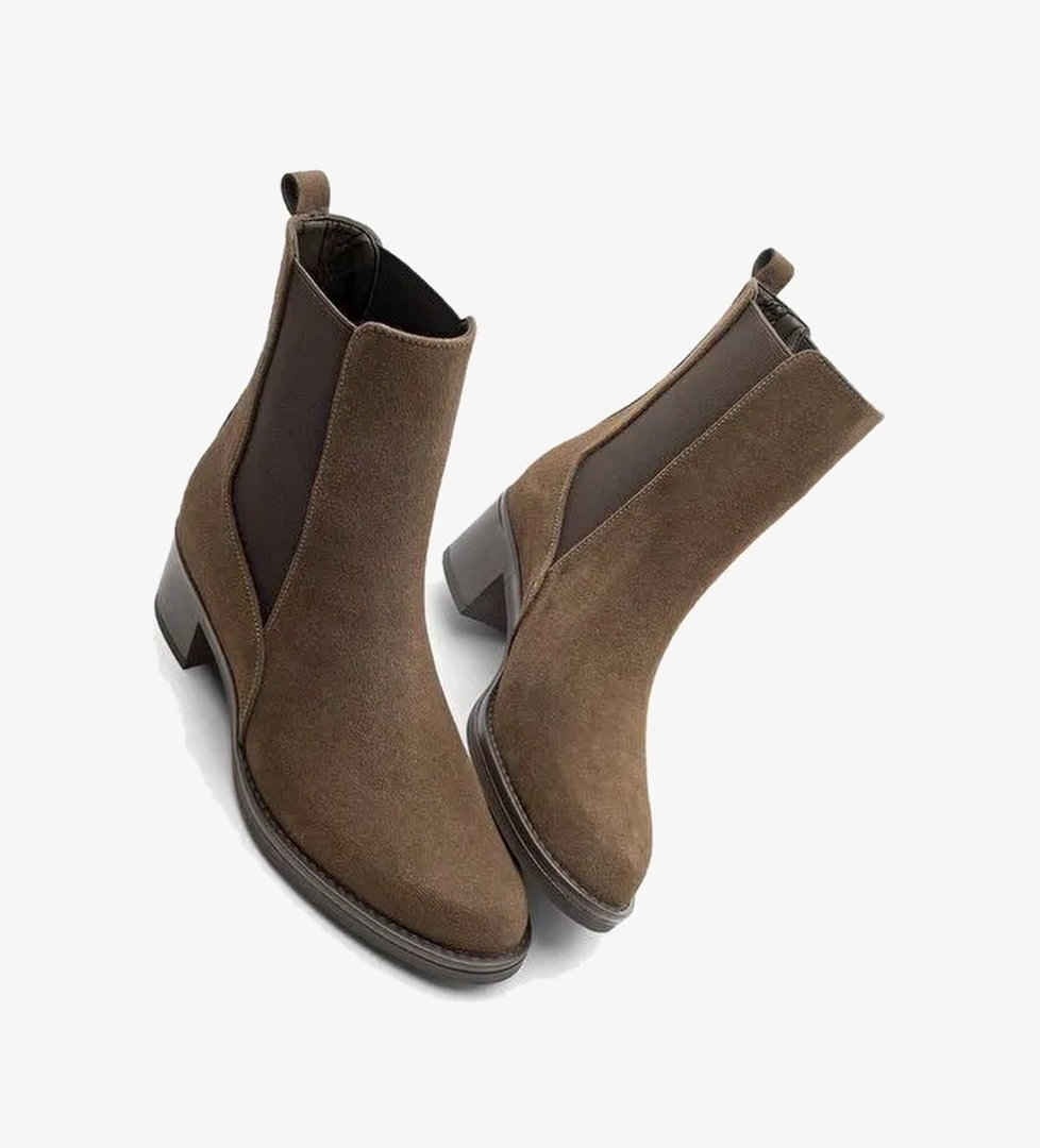 Kadın Kalın Topuklu Elastik Yan Bantlı Topuklu Bot Elove Kahve Süet - Görsel 1