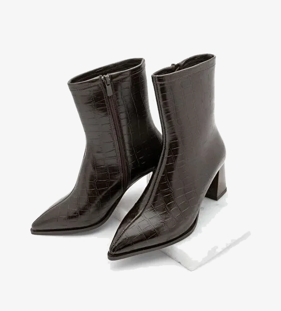 Kadın Kalın Topuklu Sivri Burun Bot Simva Kahve Croco - Görsel 1