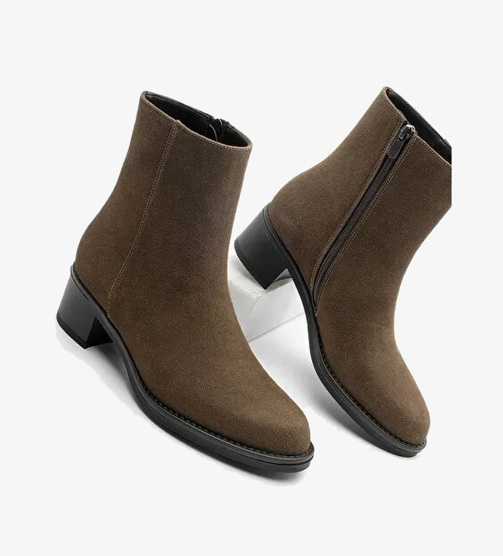 Kadın Fermuarlı Kalın Topuk Günlük Bot Zuvita Kahve Süet - Görsel 1